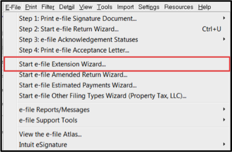 Lacerte: Start e-file Extension Wizard